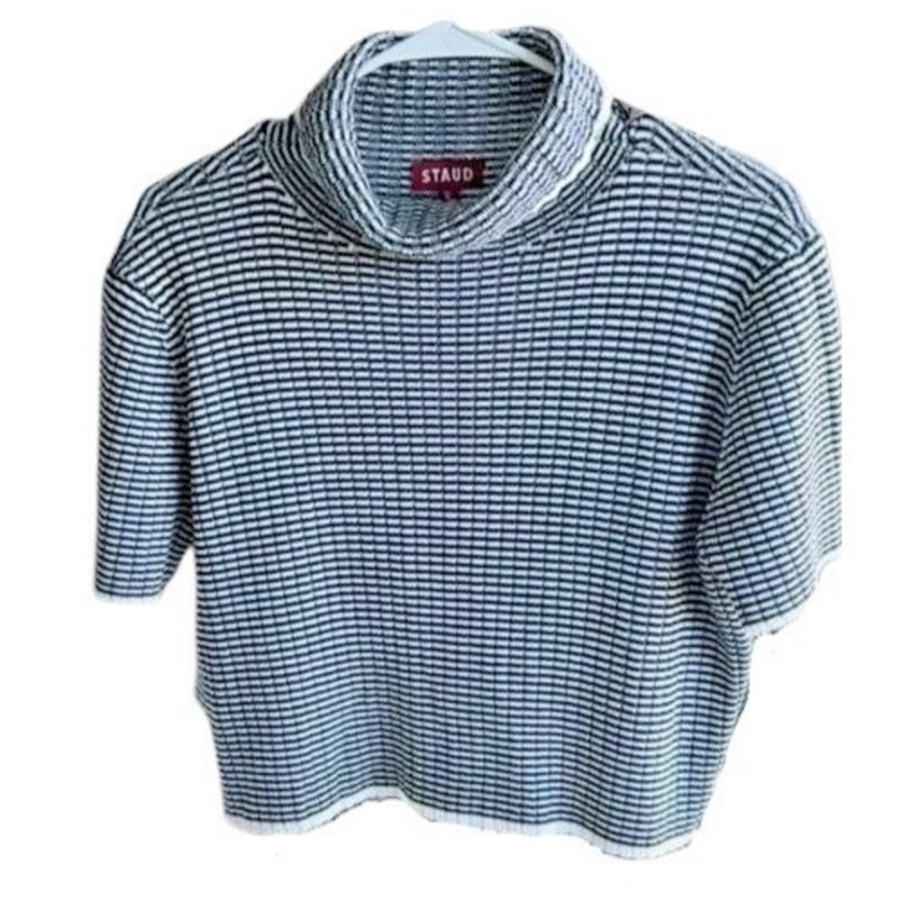 STAUD Womens Striped Fisherman Short Sleeve Knit Top Blue White XL Designer